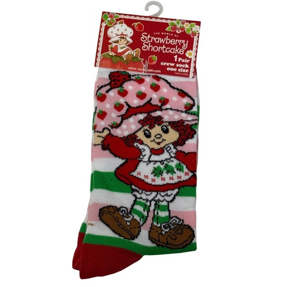 Strawberry Shortcake Crew Socks Pink Green Striped Retro Cute Gift One Size - Picture 1 of 2